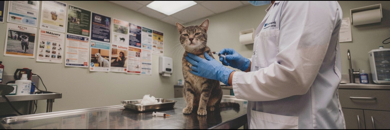 A calm tabby cat receiving an injection in the scruff at a veterinary clinic
